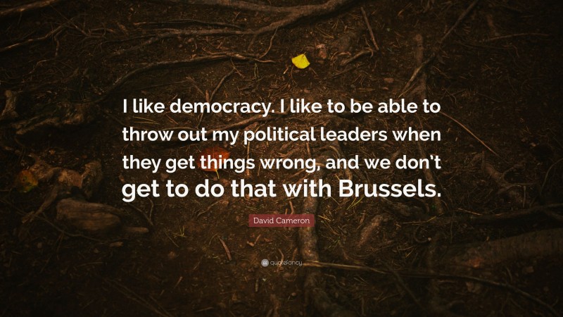 David Cameron Quote: “I like democracy. I like to be able to throw out my political leaders when they get things wrong, and we don’t get to do that with Brussels.”