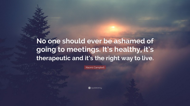 Naomi Campbell Quote: “No one should ever be ashamed of going to meetings. It’s healthy, it’s therapeutic and it’s the right way to live.”
