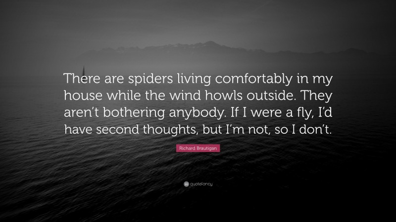 Richard Brautigan Quote: “There are spiders living comfortably in my house while the wind howls outside. They aren’t bothering anybody. If I were a fly, I’d have second thoughts, but I’m not, so I don’t.”