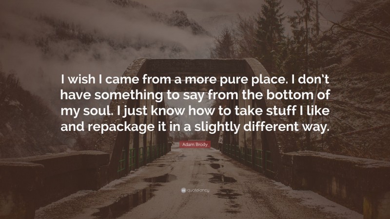 Adam Brody Quote: “I wish I came from a more pure place. I don’t have something to say from the bottom of my soul. I just know how to take stuff I like and repackage it in a slightly different way.”