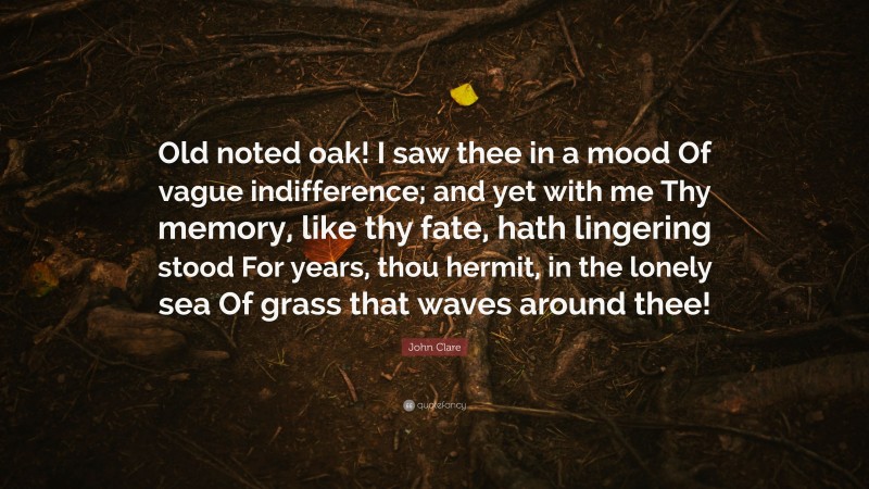 John Clare Quote: “Old noted oak! I saw thee in a mood Of vague indifference; and yet with me Thy memory, like thy fate, hath lingering stood For years, thou hermit, in the lonely sea Of grass that waves around thee!”