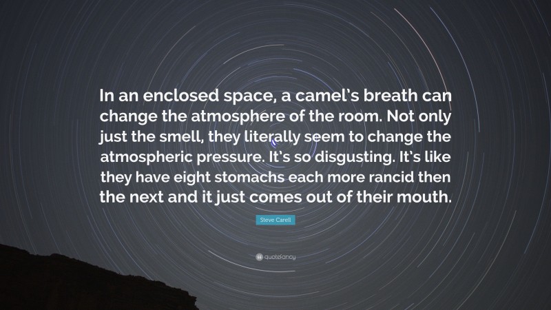 Steve Carell Quote: “In an enclosed space, a camel’s breath can change the atmosphere of the room. Not only just the smell, they literally seem to change the atmospheric pressure. It’s so disgusting. It’s like they have eight stomachs each more rancid then the next and it just comes out of their mouth.”