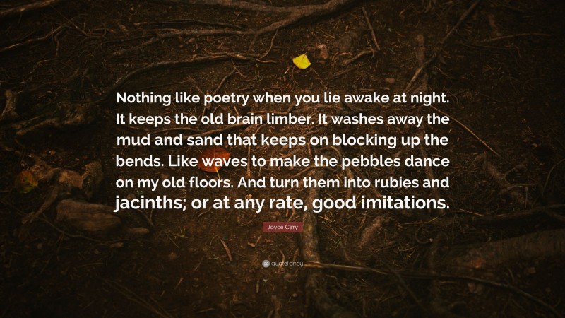 Joyce Cary Quote: “Nothing like poetry when you lie awake at night. It keeps the old brain limber. It washes away the mud and sand that keeps on blocking up the bends. Like waves to make the pebbles dance on my old floors. And turn them into rubies and jacinths; or at any rate, good imitations.”