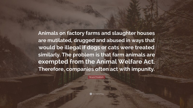 Bruce Friedrich Quote: “Animals on factory farms and slaughter houses are mutilated, drugged and abused in ways that would be illegal if dogs or cats were treated similarly. The problem is that farm animals are exempted from the Animal Welfare Act. Therefore, companies often act with impunity.”