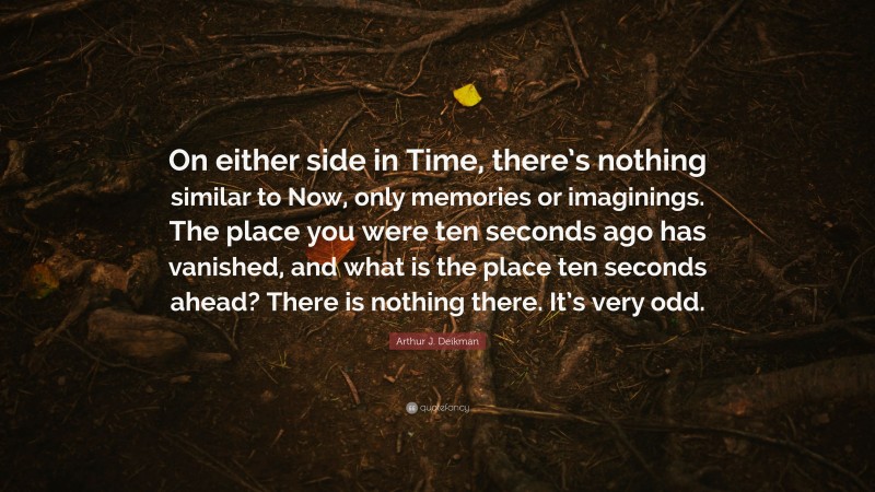 Arthur J. Deikman Quote: “On either side in Time, there’s nothing similar to Now, only memories or imaginings. The place you were ten seconds ago has vanished, and what is the place ten seconds ahead? There is nothing there. It’s very odd.”