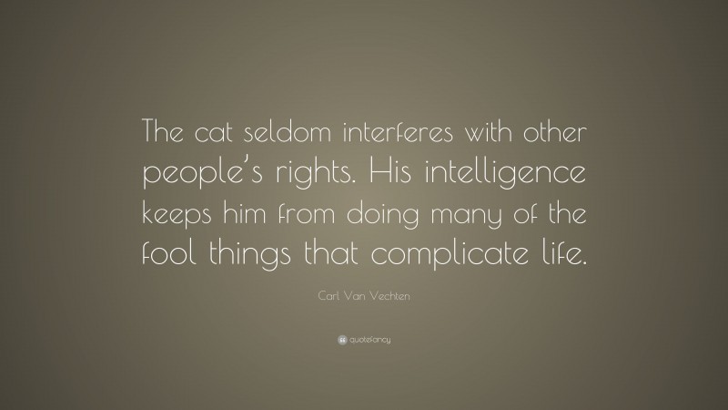 Carl Van Vechten Quote: “The cat seldom interferes with other people’s rights. His intelligence keeps him from doing many of the fool things that complicate life.”