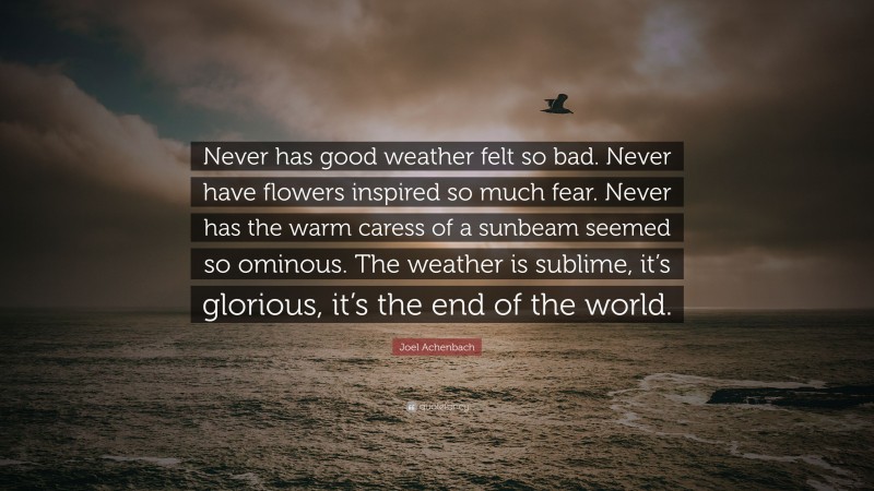 Joel Achenbach Quote: “Never has good weather felt so bad. Never have flowers inspired so much fear. Never has the warm caress of a sunbeam seemed so ominous. The weather is sublime, it’s glorious, it’s the end of the world.”