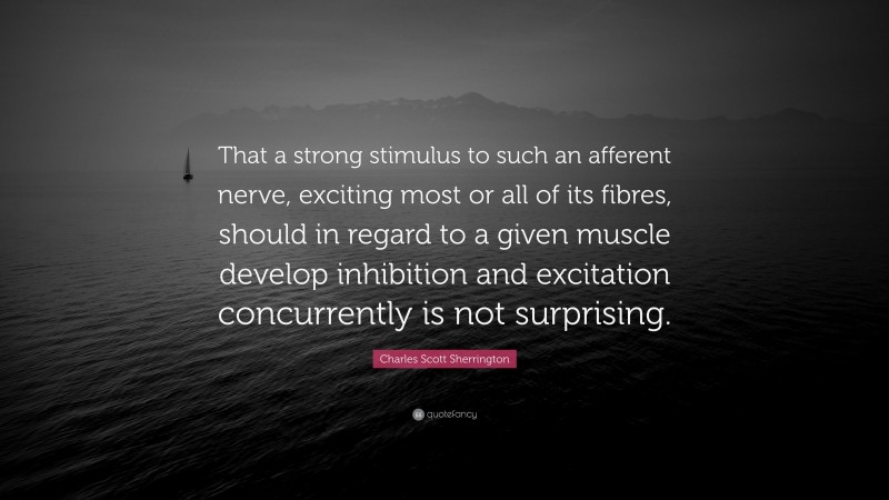 Charles Scott Sherrington Quote: “That a strong stimulus to such an afferent nerve, exciting most or all of its fibres, should in regard to a given muscle develop inhibition and excitation concurrently is not surprising.”