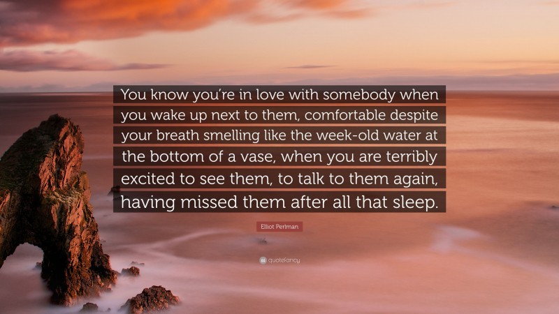 Elliot Perlman Quote: “You know you’re in love with somebody when you wake up next to them, comfortable despite your breath smelling like the week-old water at the bottom of a vase, when you are terribly excited to see them, to talk to them again, having missed them after all that sleep.”
