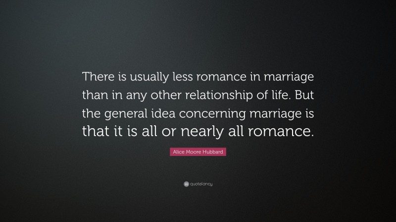 Alice Moore Hubbard Quote: “There is usually less romance in marriage than in any other relationship of life. But the general idea concerning marriage is that it is all or nearly all romance.”