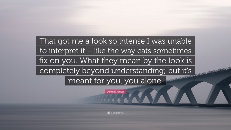 Donald James Quote: “That got me a look so intense I was unable to interpret it – like the way cats sometimes fix on you. What they mean by the look is completely beyond understanding; but it’s meant for you, you alone.”