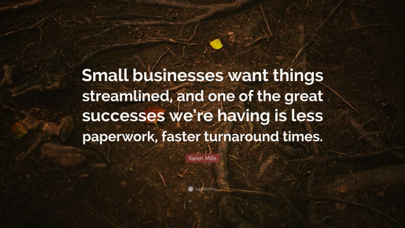 Karen Mills Quote: “Small businesses want things streamlined, and one of the great successes we’re having is less paperwork, faster turnaround times.”
