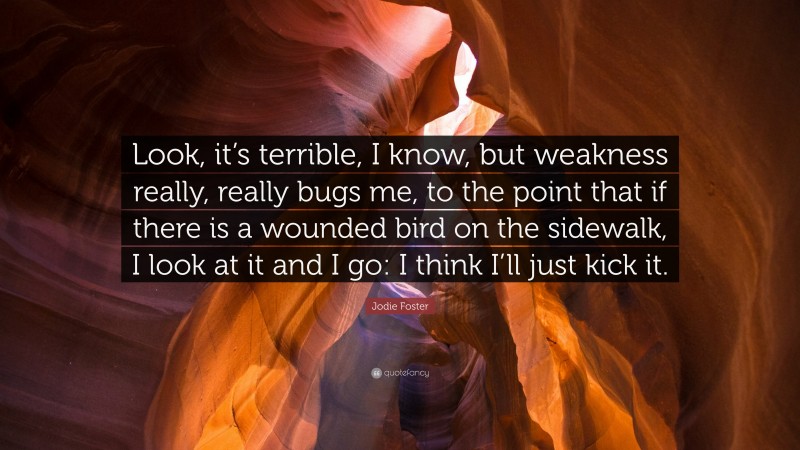 Jodie Foster Quote: “Look, it’s terrible, I know, but weakness really, really bugs me, to the point that if there is a wounded bird on the sidewalk, I look at it and I go: I think I’ll just kick it.”