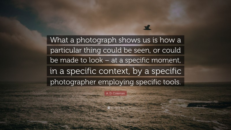A. D. Coleman Quote: “What a photograph shows us is how a particular thing could be seen, or could be made to look – at a specific moment, in a specific context, by a specific photographer employing specific tools.”