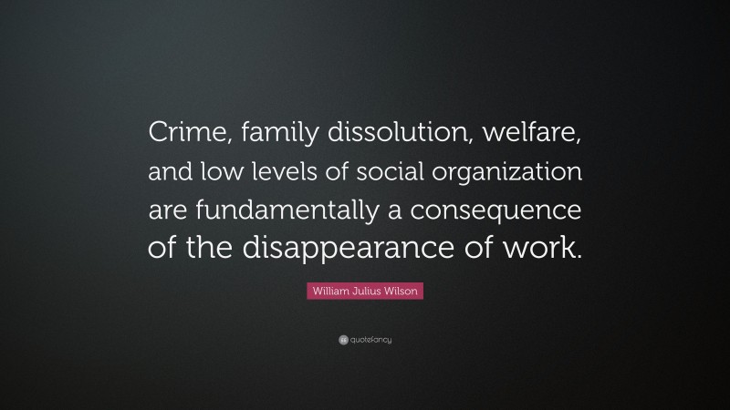 William Julius Wilson Quote: “Crime, family dissolution, welfare, and low levels of social organization are fundamentally a consequence of the disappearance of work.”