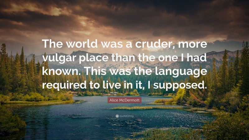 Alice McDermott Quote: “The world was a cruder, more vulgar place than the one I had known. This was the language required to live in it, I supposed.”
