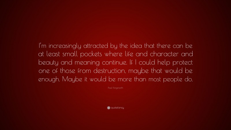 Paul Kingsnorth Quote: “I’m increasingly attracted by the idea that there can be at least small pockets where life and character and beauty and meaning continue. If I could help protect one of those from destruction, maybe that would be enough. Maybe it would be more than most people do.”