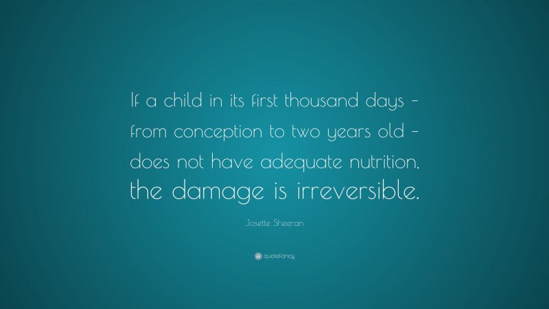Josette Sheeran Quote: “If a child in its first thousand days – from conception to two years old – does not have adequate nutrition, the damage is irreversible.”