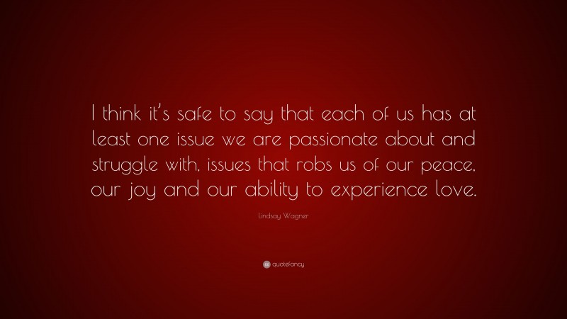 Lindsay Wagner Quote: “I think it’s safe to say that each of us has at least one issue we are passionate about and struggle with, issues that robs us of our peace, our joy and our ability to experience love.”