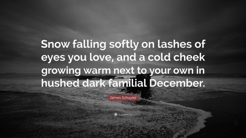 James Schuyler Quote: “Snow falling softly on lashes of eyes you love, and a cold cheek growing warm next to your own in hushed dark familial December.”