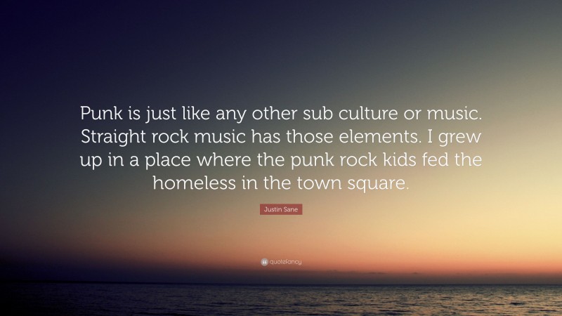 Justin Sane Quote: “Punk is just like any other sub culture or music. Straight rock music has those elements. I grew up in a place where the punk rock kids fed the homeless in the town square.”