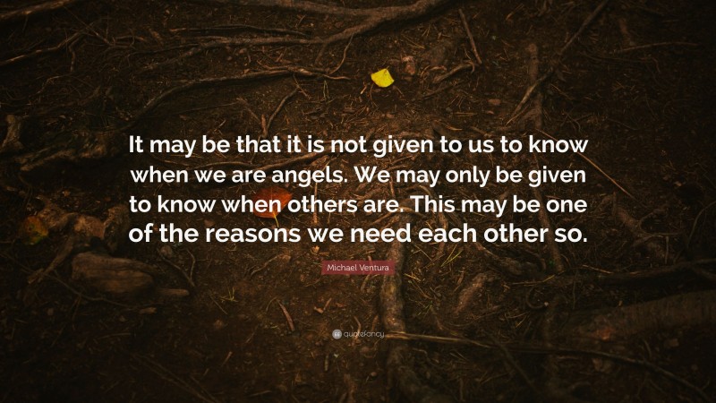 Michael Ventura Quote: “It may be that it is not given to us to know when we are angels. We may only be given to know when others are. This may be one of the reasons we need each other so.”