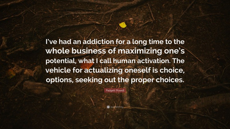Padgett Powell Quote: “I’ve had an addiction for a long time to the whole business of maximizing one’s potential, what I call human activation. The vehicle for actualizing oneself is choice, options, seeking out the proper choices.”