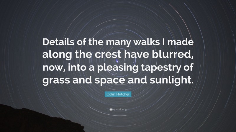 Colin Fletcher Quote: “Details of the many walks I made along the crest have blurred, now, into a pleasing tapestry of grass and space and sunlight.”
