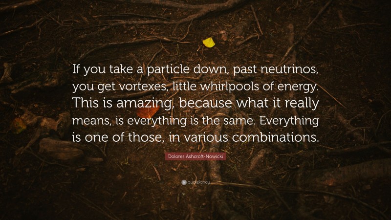 Dolores Ashcroft-Nowicki Quote: “If you take a particle down, past neutrinos, you get vortexes, little whirlpools of energy. This is amazing, because what it really means, is everything is the same. Everything is one of those, in various combinations.”