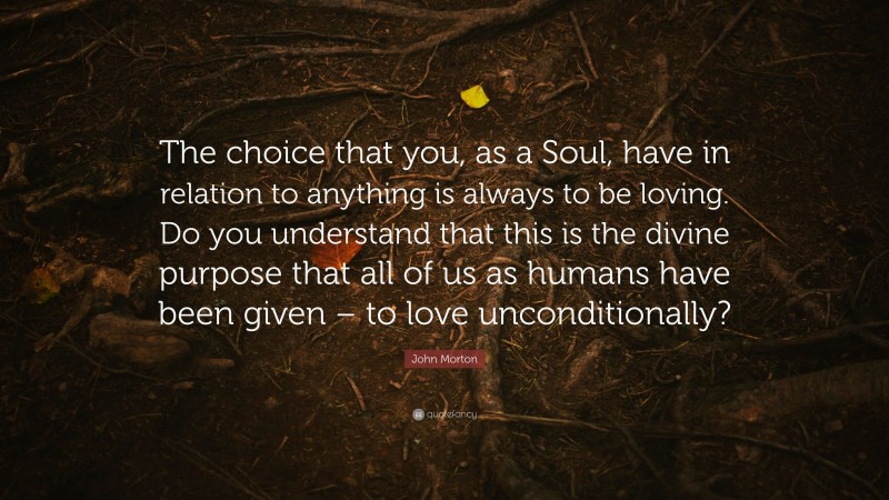 John Morton Quote: “The choice that you, as a Soul, have in relation to anything is always to be loving. Do you understand that this is the divine purpose that all of us as humans have been given – to love unconditionally?”