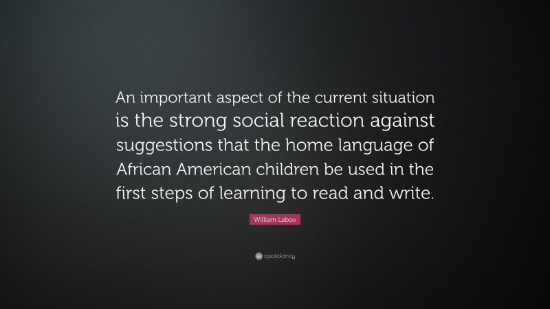 William Labov Quote: “An important aspect of the current situation is the strong social reaction against suggestions that the home language of African American children be used in the first steps of learning to read and write.”