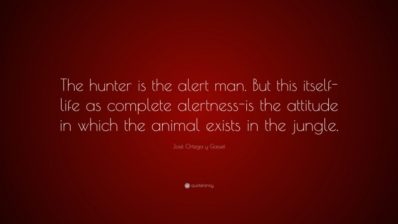 José Ortega y Gasset Quote: “The hunter is the alert man. But this itself-life as complete alertness-is the attitude in which the animal exists in the jungle.”