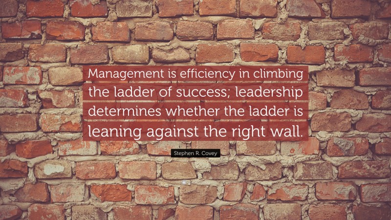 Stephen R. Covey Quote: “Management is efficiency in climbing the ladder of success; leadership determines whether the ladder is leaning against the right wall.”