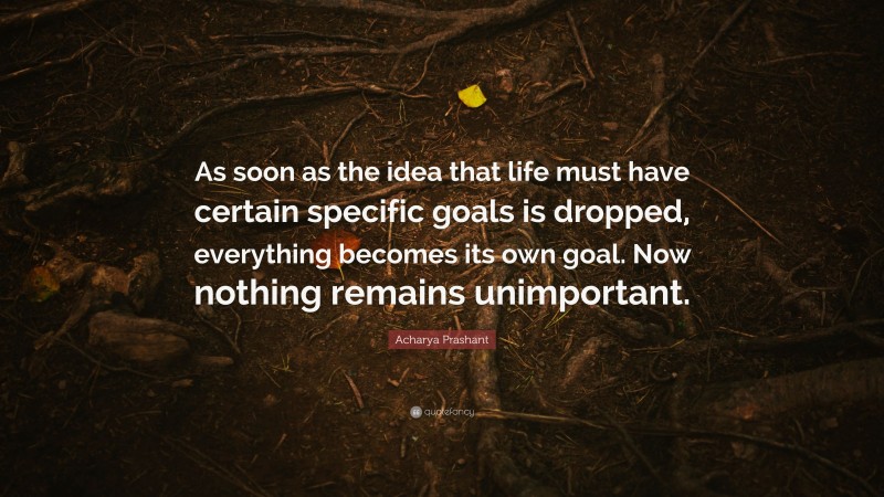 Acharya Prashant Quote: “As soon as the idea that life must have certain specific goals is dropped, everything becomes its own goal. Now nothing remains unimportant.”