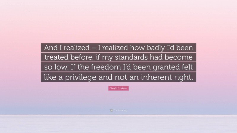 Sarah J. Maas Quote: “And I realized – I realized how badly I’d been treated before, if my standards had become so low. If the freedom I’d been granted felt like a privilege and not an inherent right.”