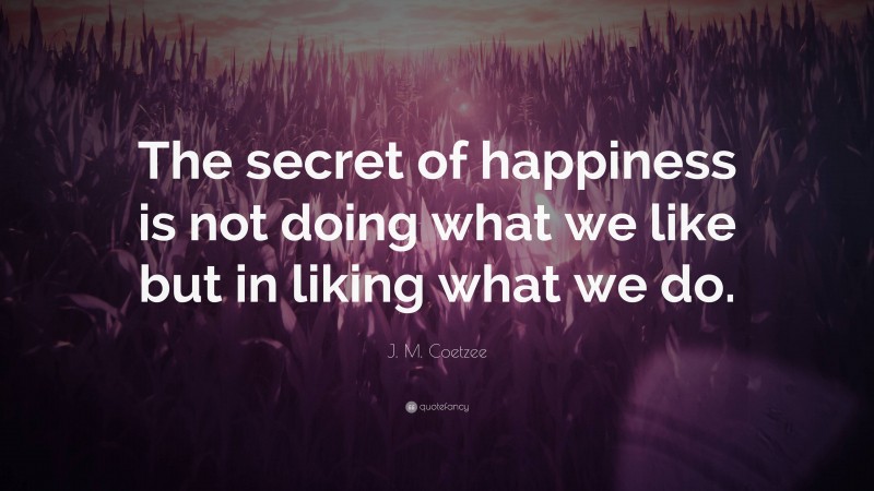 J. M. Coetzee Quote: “The secret of happiness is not doing what we like but in liking what we do.”