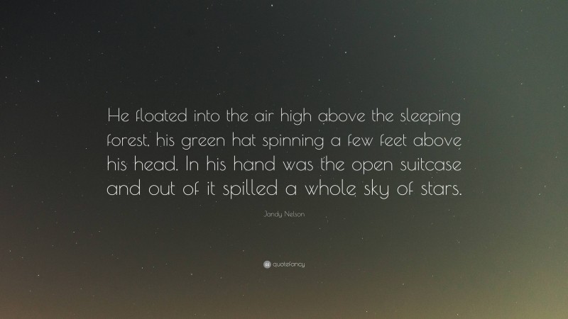 Jandy Nelson Quote: “He floated into the air high above the sleeping forest, his green hat spinning a few feet above his head. In his hand was the open suitcase and out of it spilled a whole sky of stars.”