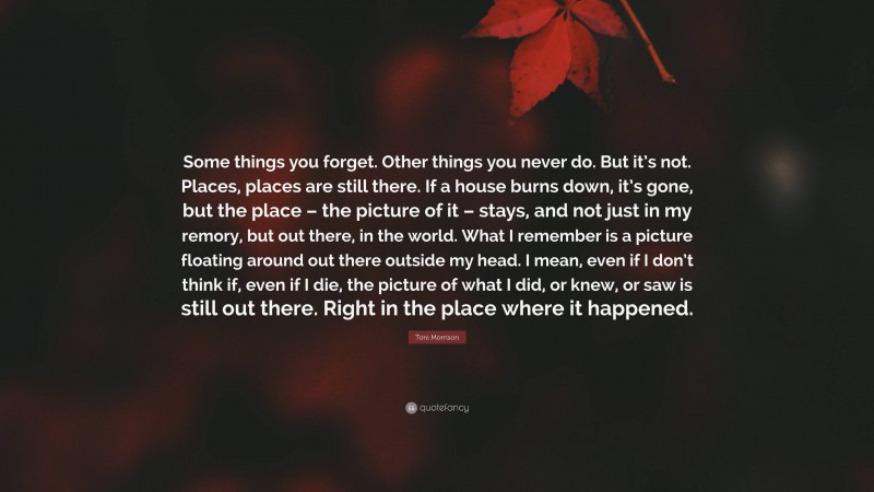 Toni Morrison Quote: “Some things you forget. Other things you never do. But it’s not. Places, places are still there. If a house burns down, it’s gone, but the place – the picture of it – stays, and not just in my remory, but out there, in the world. What I remember is a picture floating around out there outside my head. I mean, even if I don’t think if, even if I die, the picture of what I did, or knew, or saw is still out there. Right in the place where it happened.”