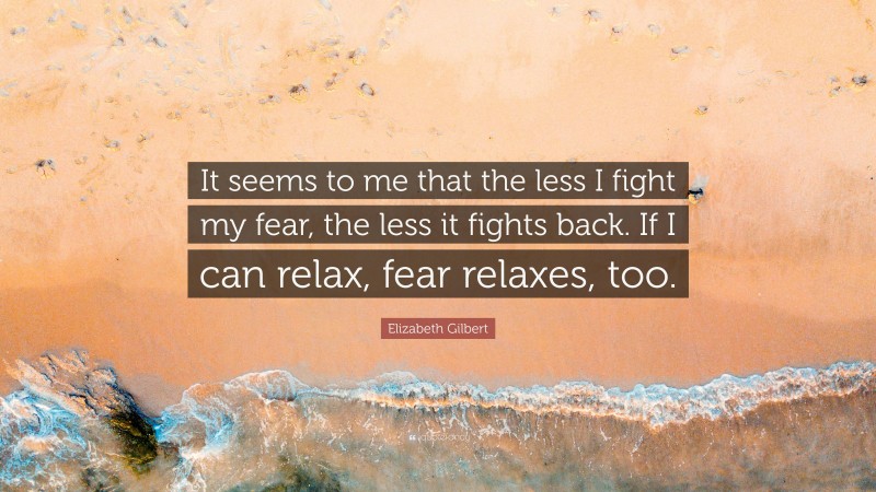 Elizabeth Gilbert Quote: “It seems to me that the less I fight my fear, the less it fights back. If I can relax, fear relaxes, too.”