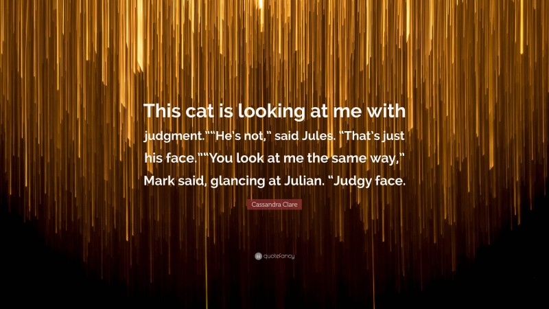 Cassandra Clare Quote: “This cat is looking at me with judgment.”“He’s not,” said Jules. “That’s just his face.”“You look at me the same way,” Mark said, glancing at Julian. “Judgy face.”