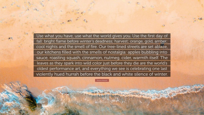 Shauna Niequist Quote: “Use what you have, use what the world gives you. Use the first day of fall: bright flame before winter’s deadness; harvest; orange, gold, amber; cool nights and the smell of fire. Our tree-lined streets are set ablaze, our kitchens filled with the smells of nostalgia: apples bubbling into sauce, roasting squash, cinnamon, nutmeg, cider, warmth itself. The leaves as they spark into wild color just before they die are the world’s oldest performance art, and everything we see is celebrating one last violently hued hurrah before the black and white silence of winter.”