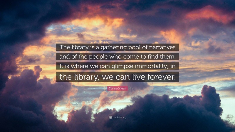 Susan Orlean Quote: “The library is a gathering pool of narratives and of the people who come to find them. It is where we can glimpse immortality; in the library, we can live forever.”