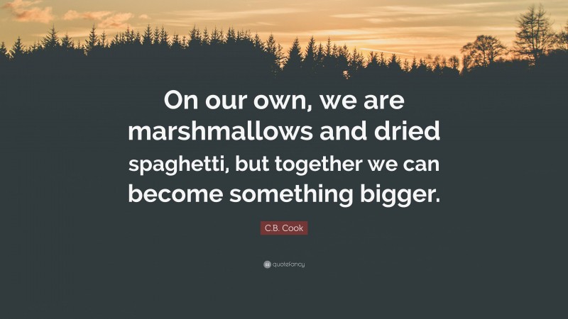 C.B. Cook Quote: “On our own, we are marshmallows and dried spaghetti, but together we can become something bigger.”