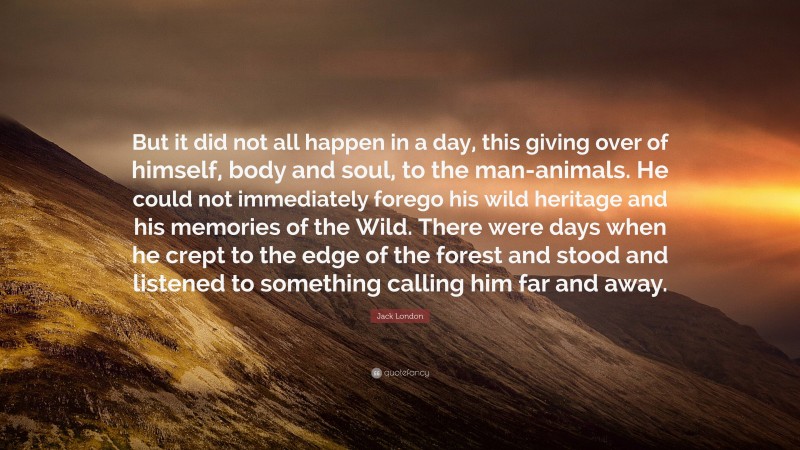 Jack London Quote: “But it did not all happen in a day, this giving over of himself, body and soul, to the man-animals. He could not immediately forego his wild heritage and his memories of the Wild. There were days when he crept to the edge of the forest and stood and listened to something calling him far and away.”