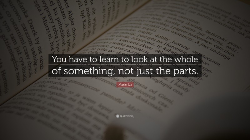 Marie Lu Quote: “You have to learn to look at the whole of something, not just the parts.”