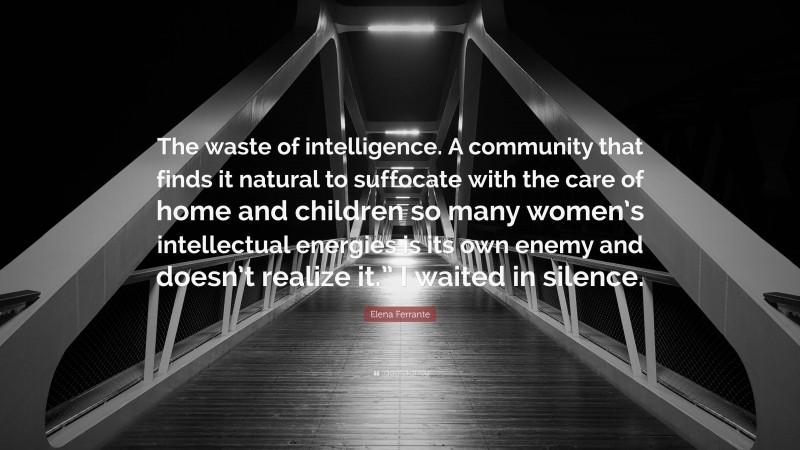 Elena Ferrante Quote: “The waste of intelligence. A community that finds it natural to suffocate with the care of home and children so many women’s intellectual energies is its own enemy and doesn’t realize it.” I waited in silence.”