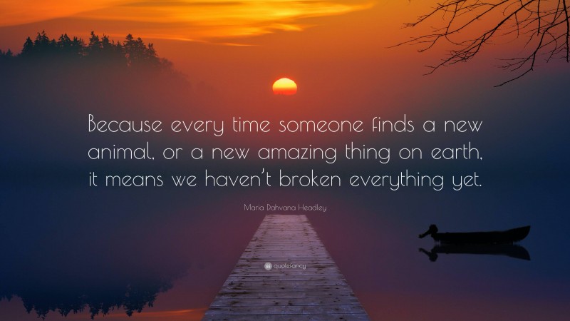 Maria Dahvana Headley Quote: “Because every time someone finds a new animal, or a new amazing thing on earth, it means we haven’t broken everything yet.”