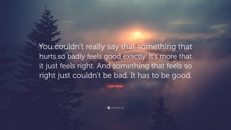 Julia Hoban Quote: “You couldn’t really say that something that hurts so badly feels good exactly. It’s more that it just feels right. And something that feels so right just couldn’t be bad. It has to be good.”