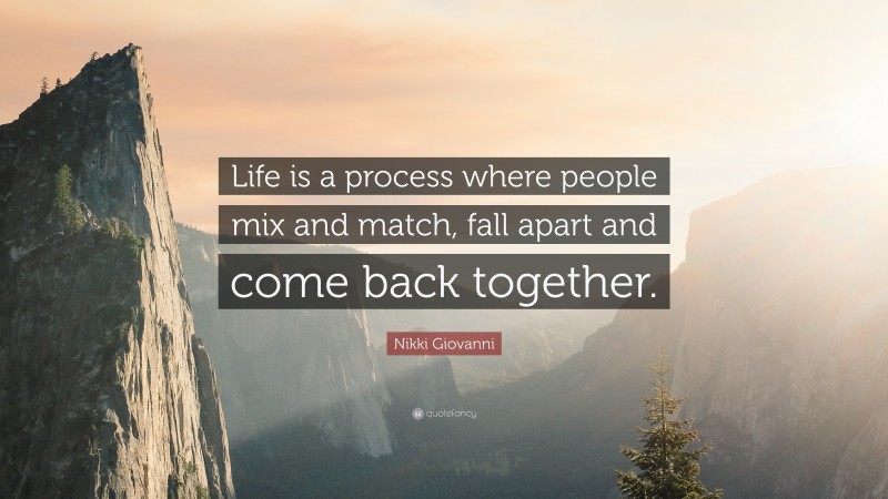 Nikki Giovanni Quote: “Life is a process where people mix and match, fall apart and come back together.”