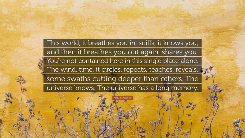 Mary E. Pearson Quote: “This world, it breathes you in, sniffs, it knows you, and then it breathes you out again, shares you. You’re not contained here in this single place alone. The wind, time, it circles, repeats, teaches, reveals, some swaths cutting deeper than others. The universe knows. The universe has a long memory.”